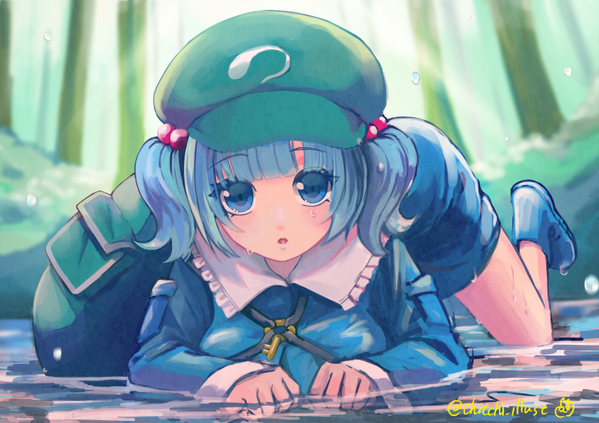 1girl :o absurdres all_fours backpack bag bangs blue_dress blue_eyes blue_footwear blue_hair blurry blurry_background blush breasts cabbie_hat commentary_request day dress eyebrows_visible_through_hair frilled_shirt_collar frills green_bag green_headwear hair_bobbles hair_ornament hat highres kawashiro_nitori key looking_at_viewer medium_breasts outdoors senno_seishun short_hair solo touhou tree two_side_up wet