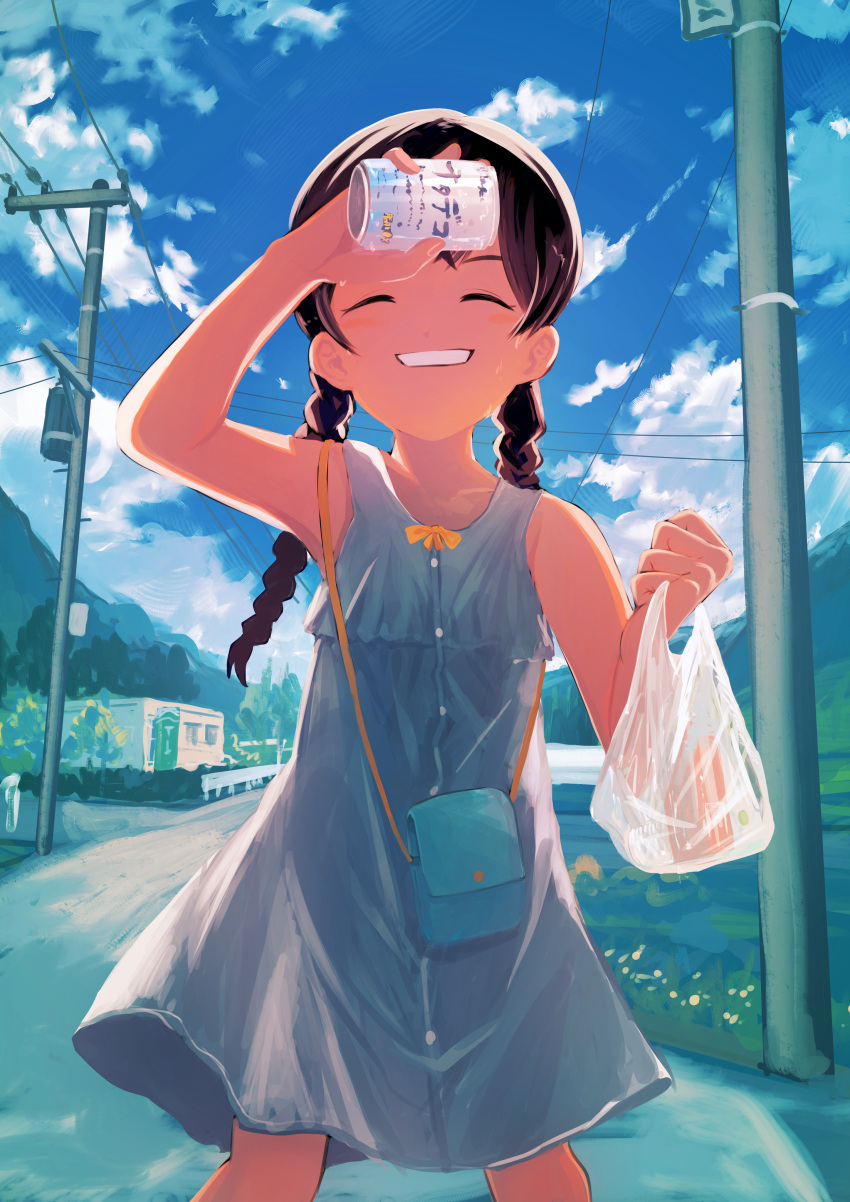 1girl absurdres arm_up bag braid can child closed_eyes cloud cowboy_shot dress fisheye grin handbag highres hill holding holding_bag holding_can hot house inami_hatoko long_hair nata_de_coco original outdoors plastic_bag power_lines road rural sky smile solo street sundress twin_braids utility_pole wiping_forehead