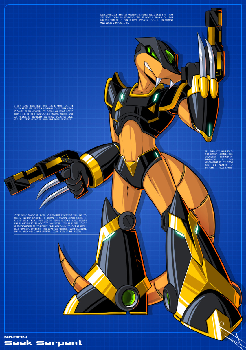 2021 anthro black_body black_eyes blueprint dual_wielding euyoshi89 fangs forehead_gem front_view green_body green_sclera gun hi_res holding_object holding_weapon looking_at_viewer male metallic_body orange_body ranged_weapon reploid reptile scalie sharp_teeth snake solo teeth weapon