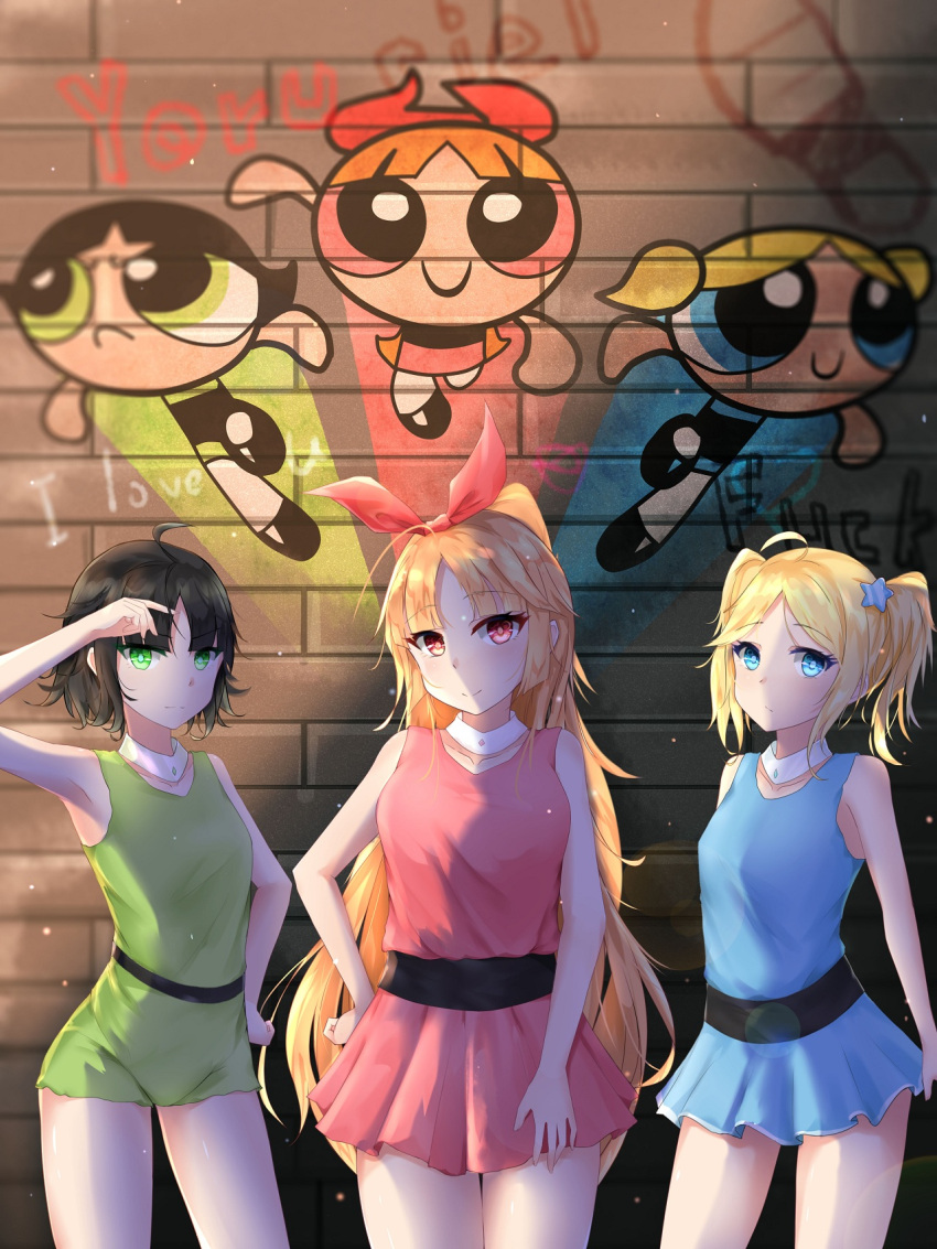 3girls ahoge bangs black_hair blossom_(ppg) blunt_bangs brick_wall bubbles_(ppg) buttercup_(ppg) collar dress green_dress green_eyes hair_ornament hair_ribbon highres long_hair looking_at_viewer multiple_girls orange_hair powerpuff_girls profanity red_eyes ribbon short_dress short_hair sleeveless star_(symbol) star_hair_ornament twintails yoruciel