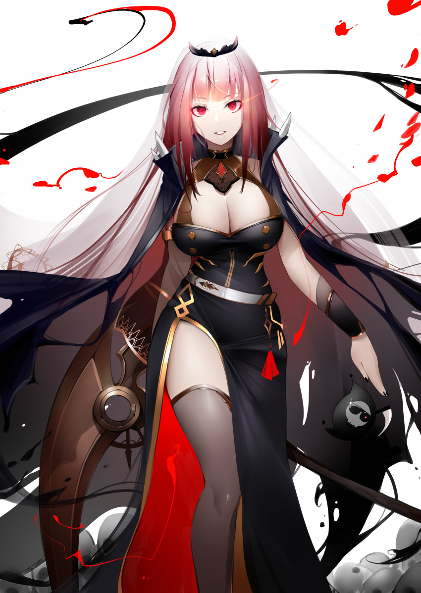 1girl absurdres bangs black_clothes black_dress breasts cleavage crown death-sensei_(mori_calliope) dress highres hololive hololive_english holomyth large_breasts long_hair meoniac mori_calliope pink_eyes pink_hair scythe smile spikes thighhighs tiara veil