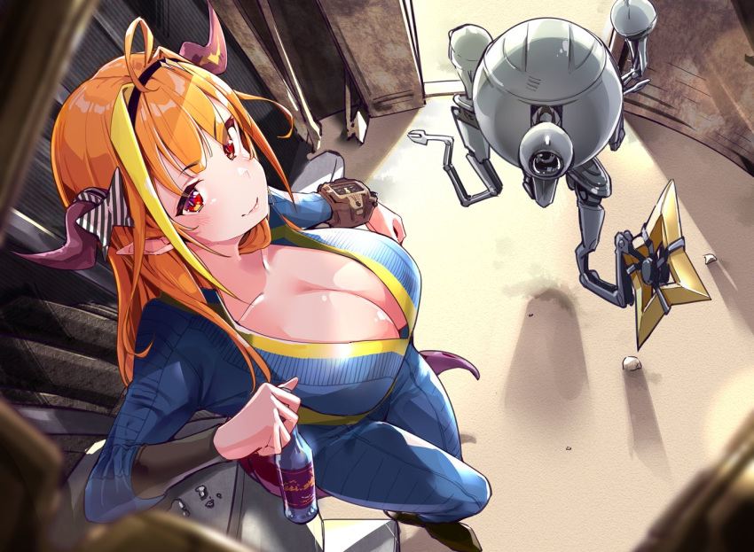 1girl ahoge bow breasts cleavage codsworth commentary_request diagonal-striped_bow dragon_horns dragon_tail eyebrows_visible_through_hair fallout_(series) fallout_4 hairband horn_bow horns kiryuu_coco large_breasts long_hair looking_at_viewer multicolored multicolored_bow multicolored_eyes multicolored_hair smile soda_bottle streaked_hair tail two-tone_hair vault_suit virtual_youtuber yuyaiyaui