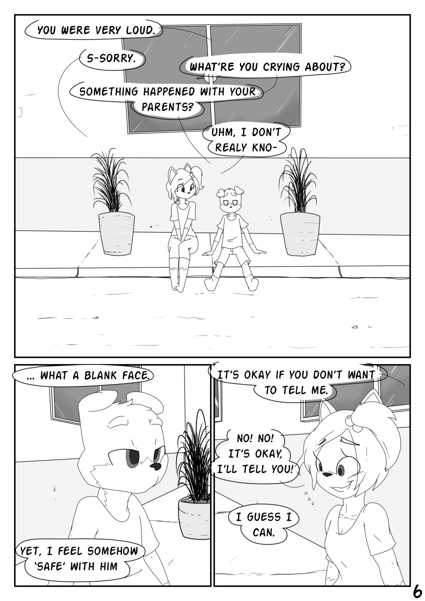absurd_res anthro canid canine canis canisfidelis child comic dialogue domestic_dog duo female hi_res humphrey_(canisfidelis) male mammal monochrome plant potted_plant seashell_(canisfidelis) sitting young