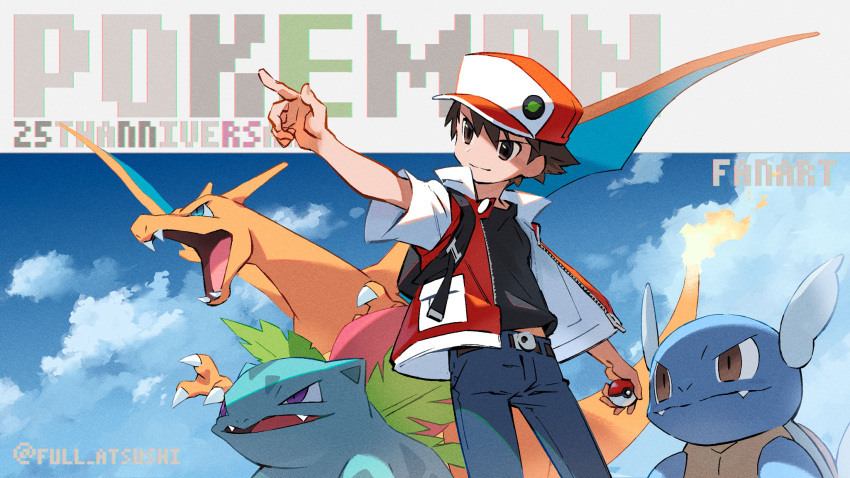 1boy anniversary badge bangs baseball_cap belt black_shirt blanco026 brown_eyes brown_hair charizard closed_mouth cloud commentary_request copyright_name fire flame gen_1_pokemon hat highres holding holding_poke_ball ivysaur jacket male_focus pants pointing poke_ball poke_ball_(basic) pokemon pokemon_(creature) pokemon_(game) pokemon_rgby red_(pokemon) shirt sky wartortle
