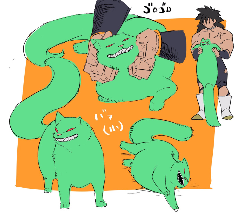 ba_(dragon_ball) broly clothed clothing domestic_cat dragon_ball dragon_ball_z duo felid feline felis fur gbr01_tiger green_body green_fur hi_res long_tail male mammal missing_ear red_eyes saiyan scar sharp_teeth stroking teeth torn_clothing