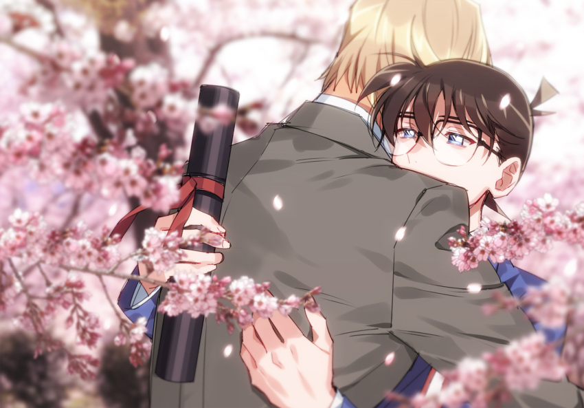 2boys amuro_tooru bangs black-framed_eyewear blazer blonde_hair blue_eyes blue_jacket blurry blurry_background branch brown_hair cherry_blossoms commentary_request diploma edogawa_conan facing_away falling_petals flower formal glasses graduation grey_jacket grey_suit hair_between_eyes highres holding hug jacket k_(gear_labo) long_sleeves male_focus meitantei_conan multiple_boys older petals pink_flower school_uniform short_hair suit teitan_high_school_uniform tube upper_body what_if