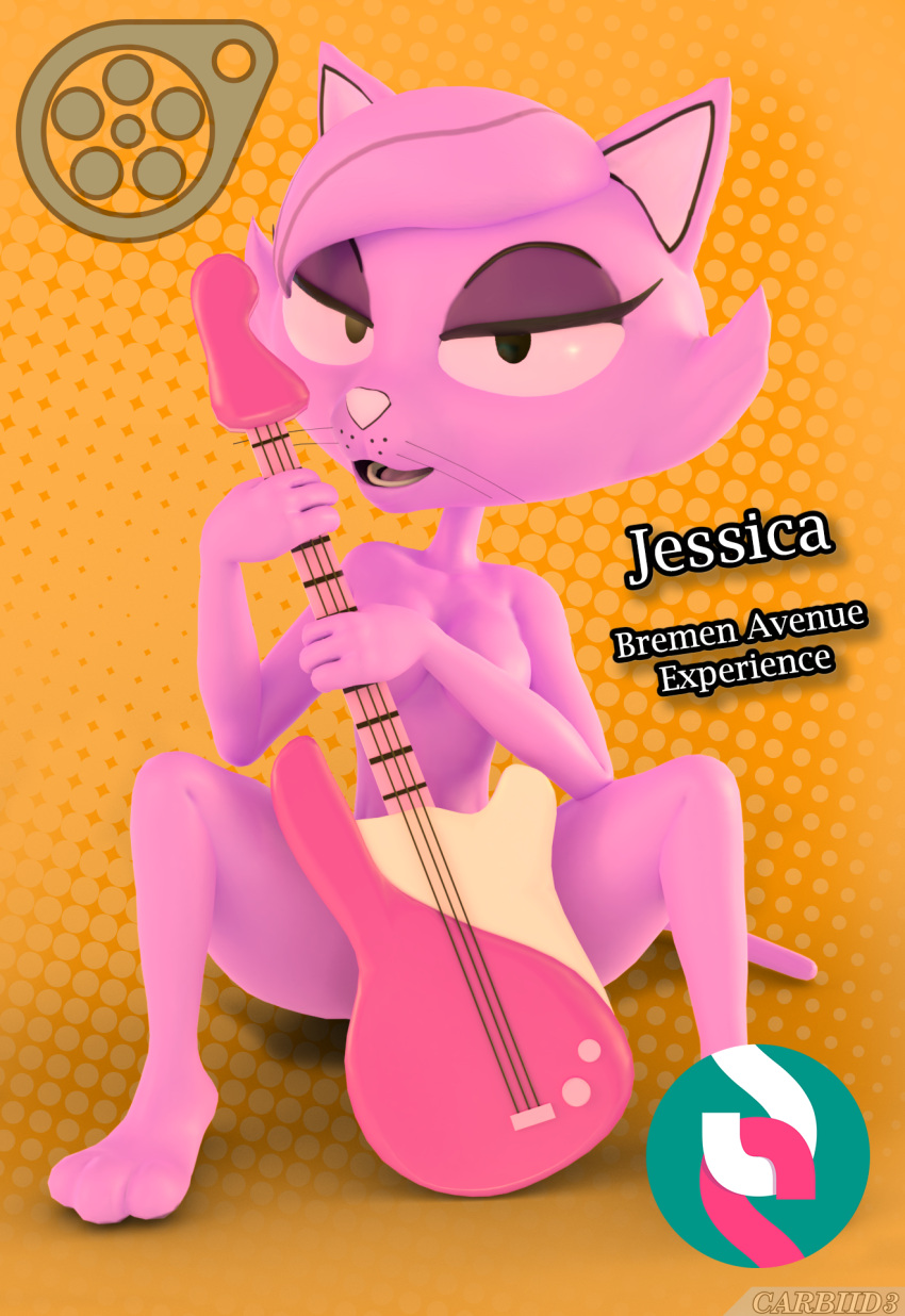 3d_(artwork) anthro bremen_avenue_experience carbiid3 digital_media_(artwork) domestic_cat felid feline felis female fur guitar hi_res jessica_(bae) mammal musical_instrument nude pink_body pink_fur plucked_string_instrument solo string_instrument