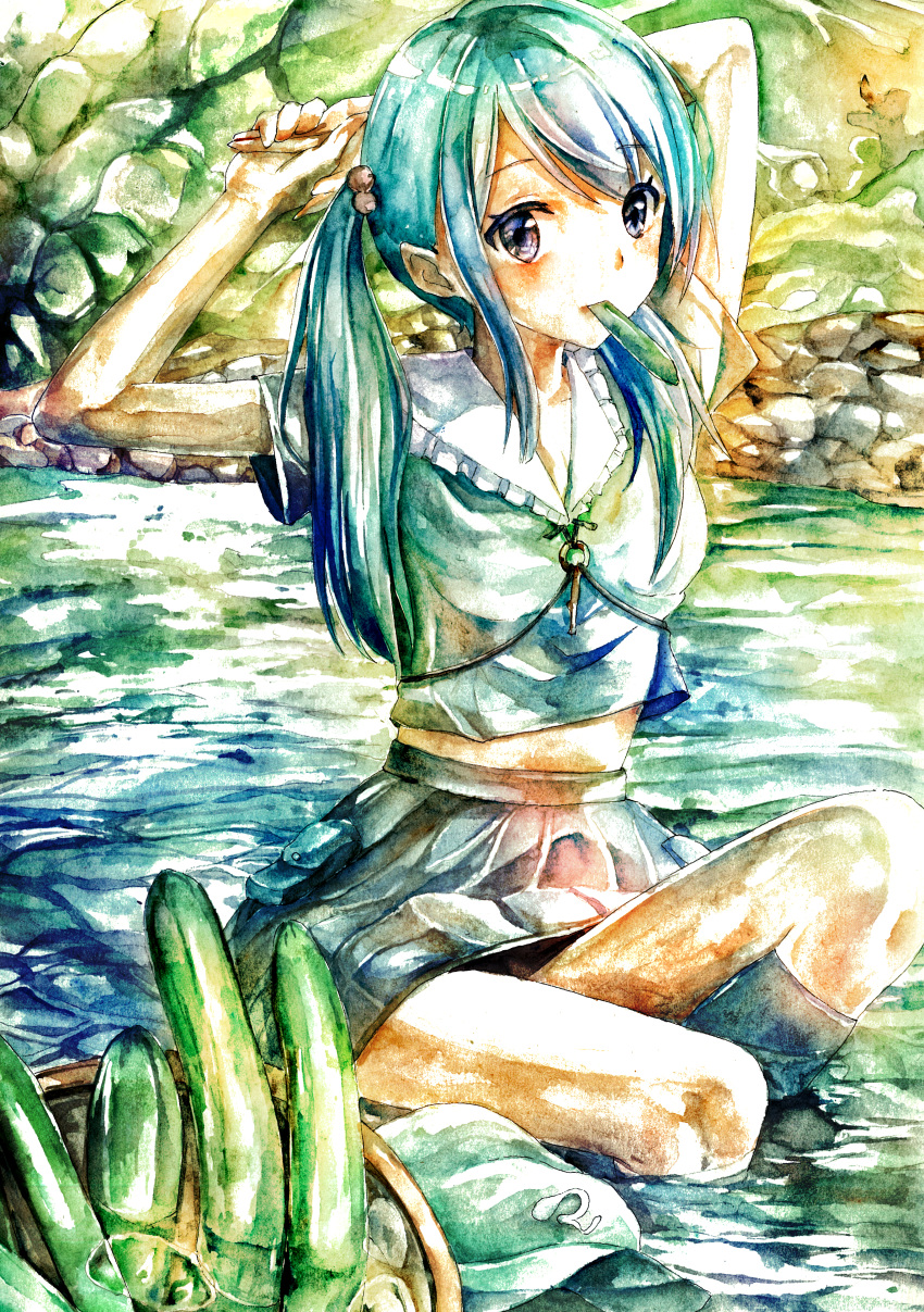 1girl absurdres alternate_hair_length alternate_hairstyle arms_up blue_eyes blue_hair blue_shirt blue_skirt breasts collarbone cucumber day frilled_shirt_collar frills hair_bobbles hair_ornament highres huge_filesize kamu_kotan kawashiro_nitori key long_hair looking_at_viewer midriff_peek mouth_hold no_hat no_headwear outdoors partially_submerged pleated_skirt shirt sidelocks sitting skirt small_breasts solo stretch touhou traditional_media twintails water watercolor_(medium)