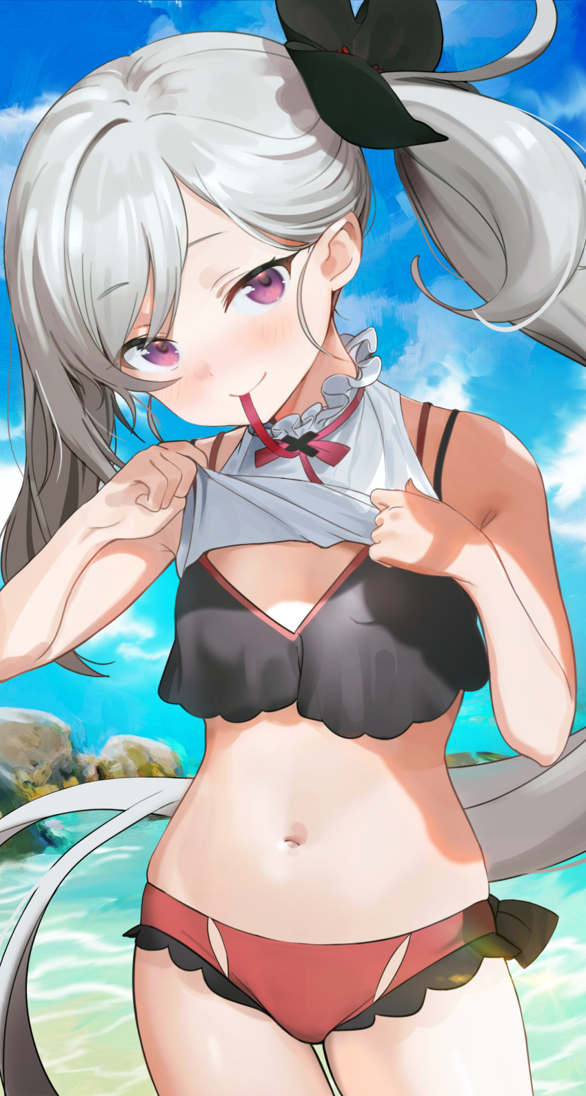 1girl absurdres bare_arms bare_shoulders bikini black_bikini blue_archive breasts cowboy_shot crop_top grey_hair hair_ribbon highres lifted_by_self long_hair looking_at_viewer medium_breasts mouth_hold mutsuki_(blue_archive) navel outdoors purple_eyes ribbon seicoh shirt shirt_lift side_ponytail sleeveless sleeveless_shirt smile solo stomach swimsuit very_long_hair white_shirt