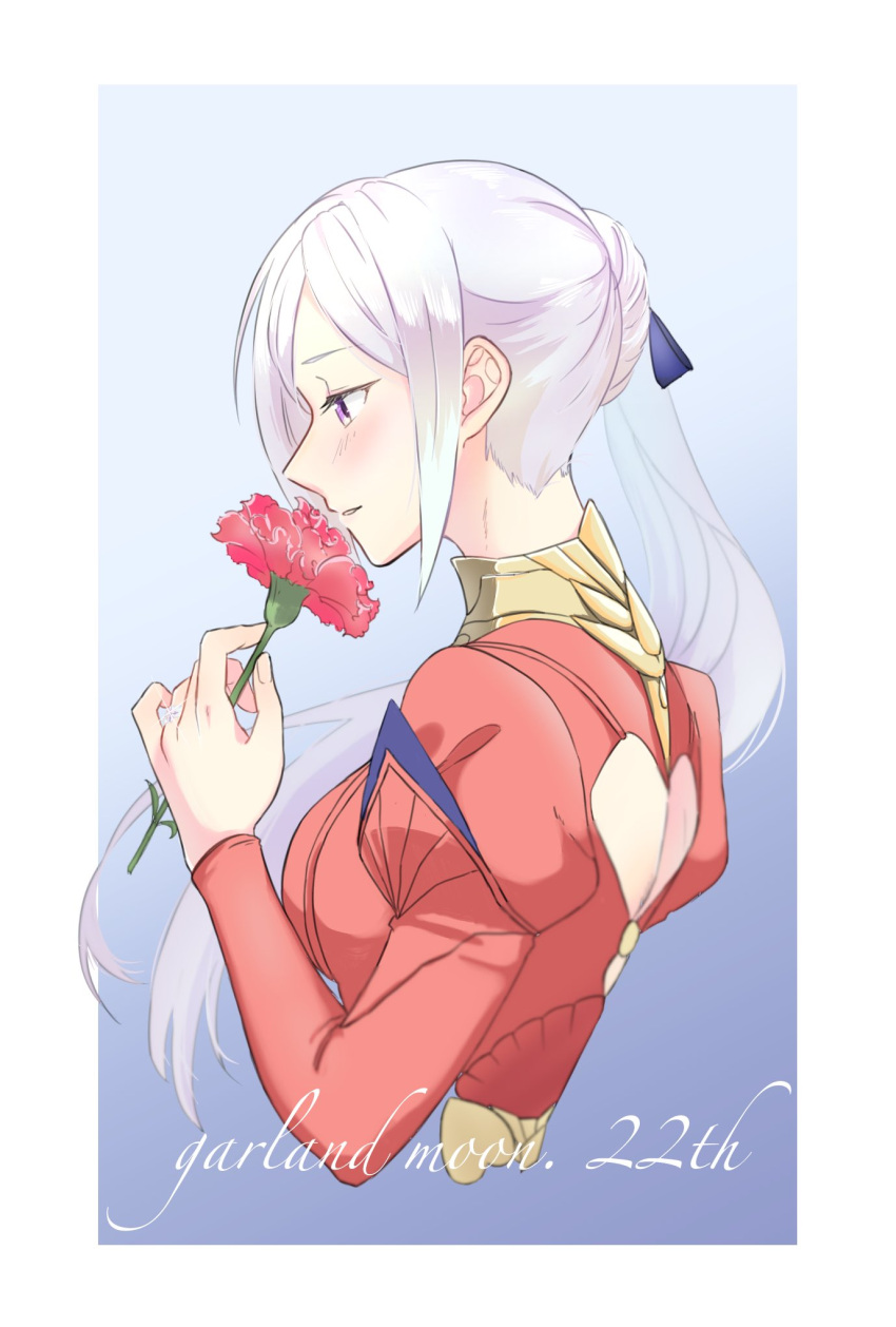 1girl back_cutout blue_background blue_ribbon blush clothing_cutout collared_dress commentary_request dress edelgard_von_hresvelg english_text fire_emblem fire_emblem:_three_houses flower framed from_side gradient gradient_background hair_ribbon highres holding holding_flower jewelry long_sleeves looking_away parted_lips puffy_long_sleeves puffy_sleeves purple_eyes red_dress red_flower ribbon ring riromomo side_ponytail sidelocks simple_background smelling_flower smile solo sparkle upper_body white_hair