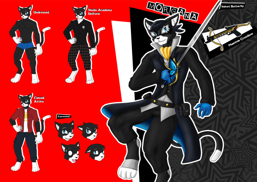 anthro atlus casual_clothing clothing costume crossbow domestic_cat felid feline felis flameydragwasp hi_res male mammal megami_tensei megami_tensei_persona melee_weapon model_sheet morgana_(persona) ranged_weapon rapier solo sword uniform video_games weapon