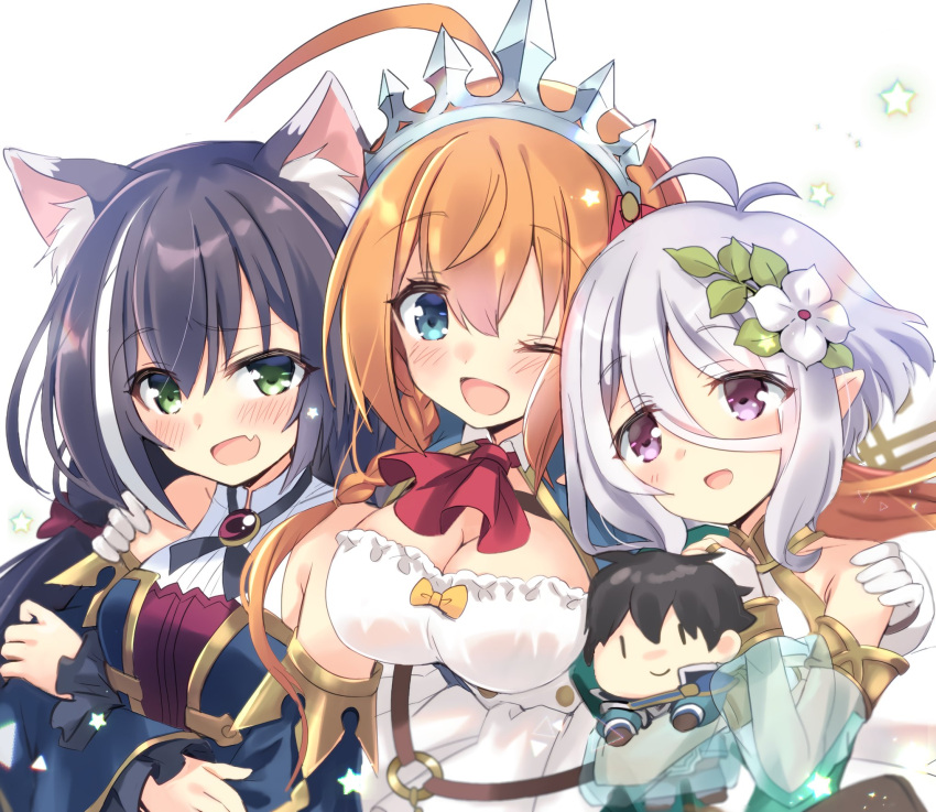 3girls :d ;d ahoge animal_ear_fluff animal_ears antenna_hair ascot bare_shoulders black_hair blue_eyes blue_sleeves blush bow breasts bridal_gauntlets cat_ears character_doll cleavage commentary_request detached_sleeves dress fang flower gloves green_eyes green_sleeves hair_bow hair_flower hair_ornament hand_on_another's_shoulder highres hizuki_yayoi karyl_(princess_connect!) kokkoro_(princess_connect!) large_breasts long_hair long_sleeves low_twintails medium_breasts multicolored_hair multiple_girls one_eye_closed open_mouth orange_hair pecorine_(princess_connect!) pointy_ears princess_connect! princess_connect!_re:dive puffy_long_sleeves puffy_sleeves purple_eyes red_bow red_neckwear revision see-through see-through_sleeves shirt silver_hair sleeveless sleeveless_dress sleeveless_shirt smile streaked_hair tiara twintails upper_body very_long_hair white_dress white_flower white_gloves white_hair white_shirt wide_sleeves yuuki_(princess_connect!)