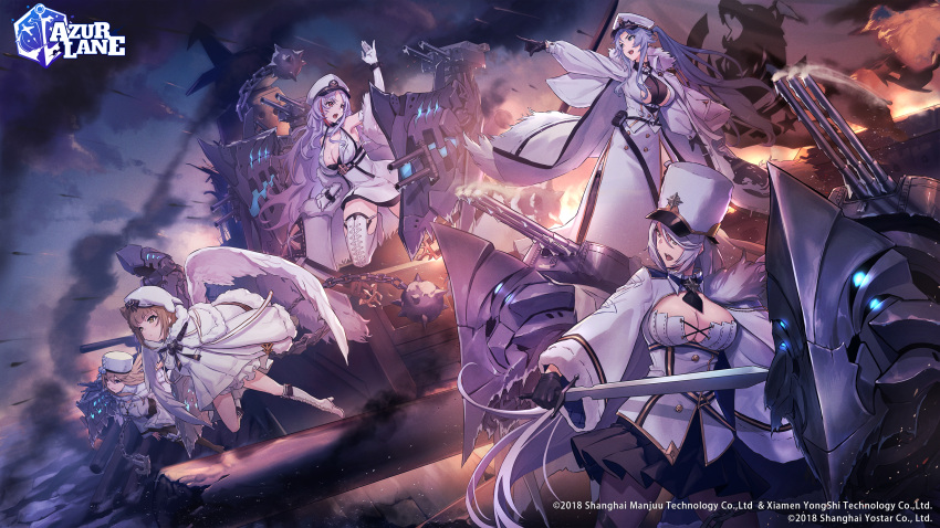 5girls armpits azur_lane bangs bare_shoulders battle between_breasts black_gloves black_legwear black_neckwear blue_eyes blue_hair blush boots braid breasts brown_hair chain choker cleavage coat coat_dress collarbone commentary_request dress eito_nishikawa eyebrows_visible_through_hair flag floating flying full_body fur-trimmed_coat fur_trim gloves gremyashchy_(azur_lane) grey_hair grey_sky hair_between_eyes hair_ornament hand_up hat highres holding holding_sword holding_weapon jacket kirov_(azur_lane) knee_boots large_breasts logo long_hair long_sleeves machinery military_hat miniskirt mole mole_on_breast multicolored_hair multiple_girls murmansk_(azur_lane) necktie necktie_between_breasts northern_parliament_(emblem) off_shoulder official_art open_mouth pantyhose papakha parted_bangs peaked_cap pleated_skirt pointing scarf serious sidelocks silver_hair skindentation skirt sleeveless sleeveless_dress smoke sovetskaya_belorussiya_(azur_lane) standing streaked_hair sword tallinn_(azur_lane) thigh_boots thighhighs turret underboob very_long_hair very_long_sleeves watermark weapon white_coat white_dress white_footwear white_gloves white_hair white_headwear white_scarf wings zettai_ryouiki