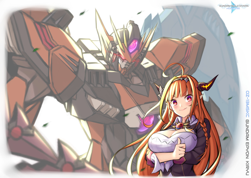 1girl bangs blush breasts character_name cleavage cleavage_cutout clothing_cutout crossover dragon_girl dragon_horns english_commentary eyebrows_visible_through_hair fang glowing glowing_eyes gundam gundam_build_divers gundam_build_divers_re:rise gundam_epyon gundam_wing highres hololive horns kiryuu_coco large_breasts logo_parody looking_down mecha mobile_suit orange_hair parody pinguinkotak pointy_ears red_eyes science_fiction skin_fang smile thumbs_up title_parody v-fin v-shaped_eyebrows virtual_youtuber