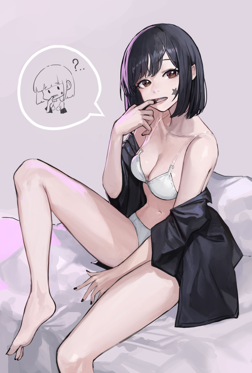 1girl ? absurdres bangs barefoot black_hair black_nails black_shirt bra braces breasts brown_eyes chibi cleavage facial_tattoo finger_in_mouth foot_out_of_frame grey_background highres knee_up looking_at_viewer mac_star medium_breasts mouth_pull nail_polish navel open_clothes open_shirt original panties shirt short_hair sitting solo speech_bubble spoken_person spoken_question_mark star_tattoo swept_bangs tattoo toes underwear white_bra white_panties
