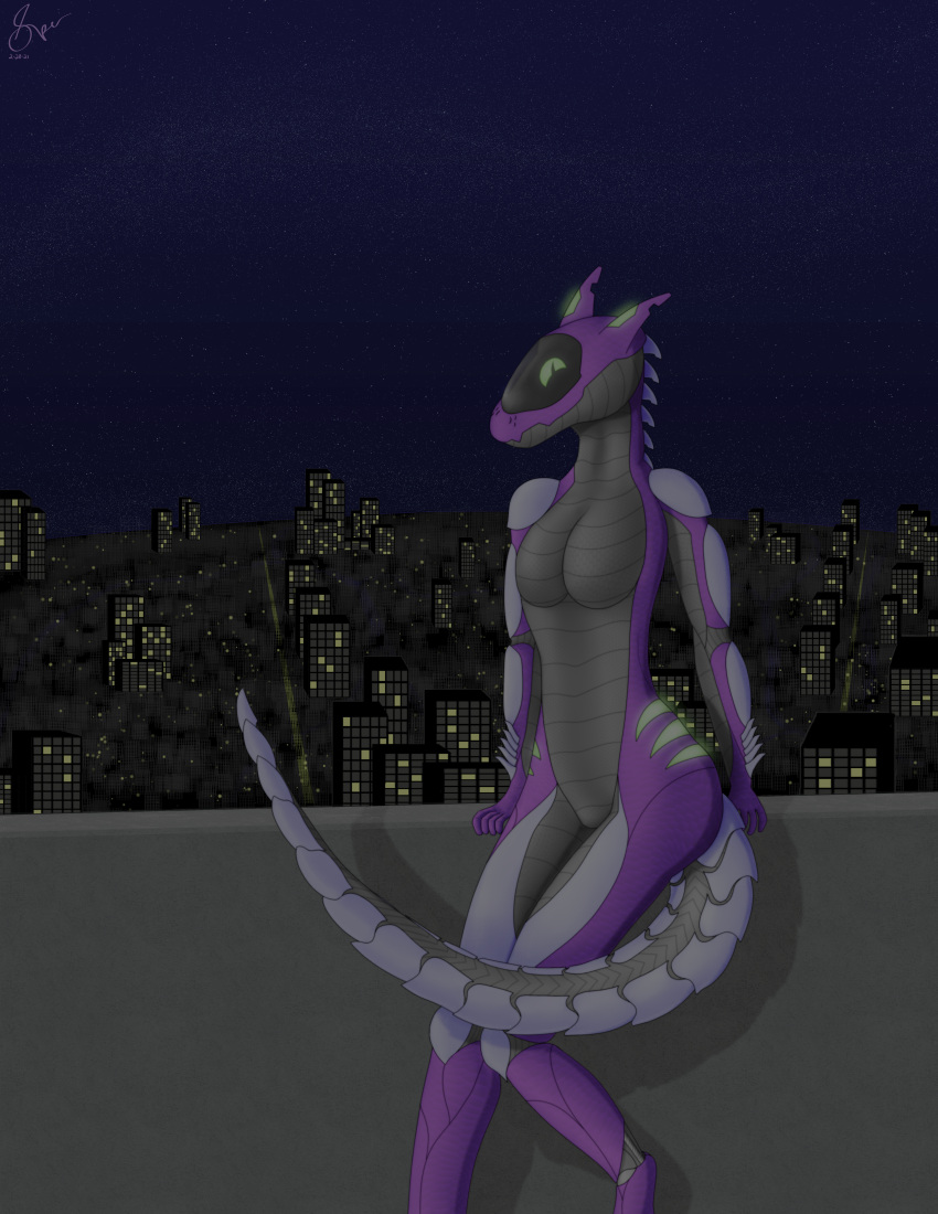 2021 absurd_res anthro big_breasts big_tail breasts city city_background cityscape countershading detailed detailed_background digital_drawing_(artwork) digital_media_(artwork) female glowing glowing_eyes glowing_markings green_eyes green_markings grey_body grey_countershading grey_tail happy hi_res hip_markings horizon huge_filesize leaning leaning_back leaning_on_wall leg_markings light long_tail looking_at_viewer machine markings multicolored_body night non-mammal_breasts outside pink_body pink_scales robot scales scalie science_fiction shaded shadow signature sky skyline smile smiling_at_viewer solo spe star starry_sky synth_(vader-san) two_tone_tail wall_(structure) white_body white_tail