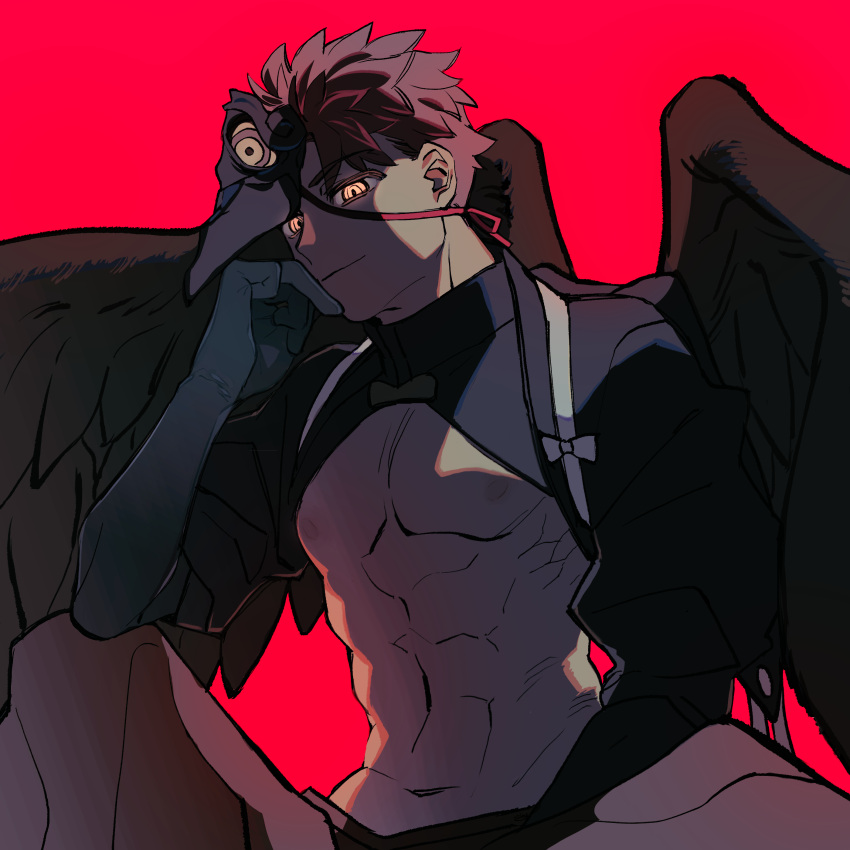 1boy absurdres bare_pecs black_gloves black_wings closed_mouth emiya_shirou fate/grand_order fate_(series) gloves glowing glowing_eyes head_rest highres lonelyethyl looking_at_viewer male_focus mask messy_hair muscular red_background red_hair sengo_muramasa_(fate) simple_background sitting smile solo wings yellow_eyes