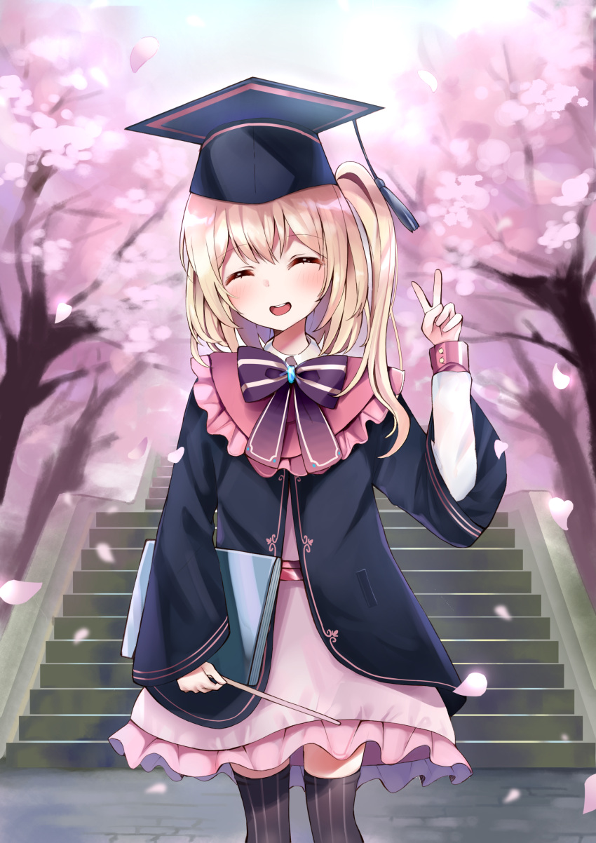 1girl ^_^ absurdres alternate_costume bangs black_legwear blonde_hair blue_jacket blush book bow bowtie cherry_blossoms closed_eyes dress eyebrows_visible_through_hair feet_out_of_frame flandre_scarlet graduation hat highres holding holding_book holding_wand jacket kneehighs medium_hair mortarboard one_side_up outdoors petticoat pink_dress purple_bow purple_neckwear satori_(pixiv) solo standing striped touhou tree vertical_stripes wand |d