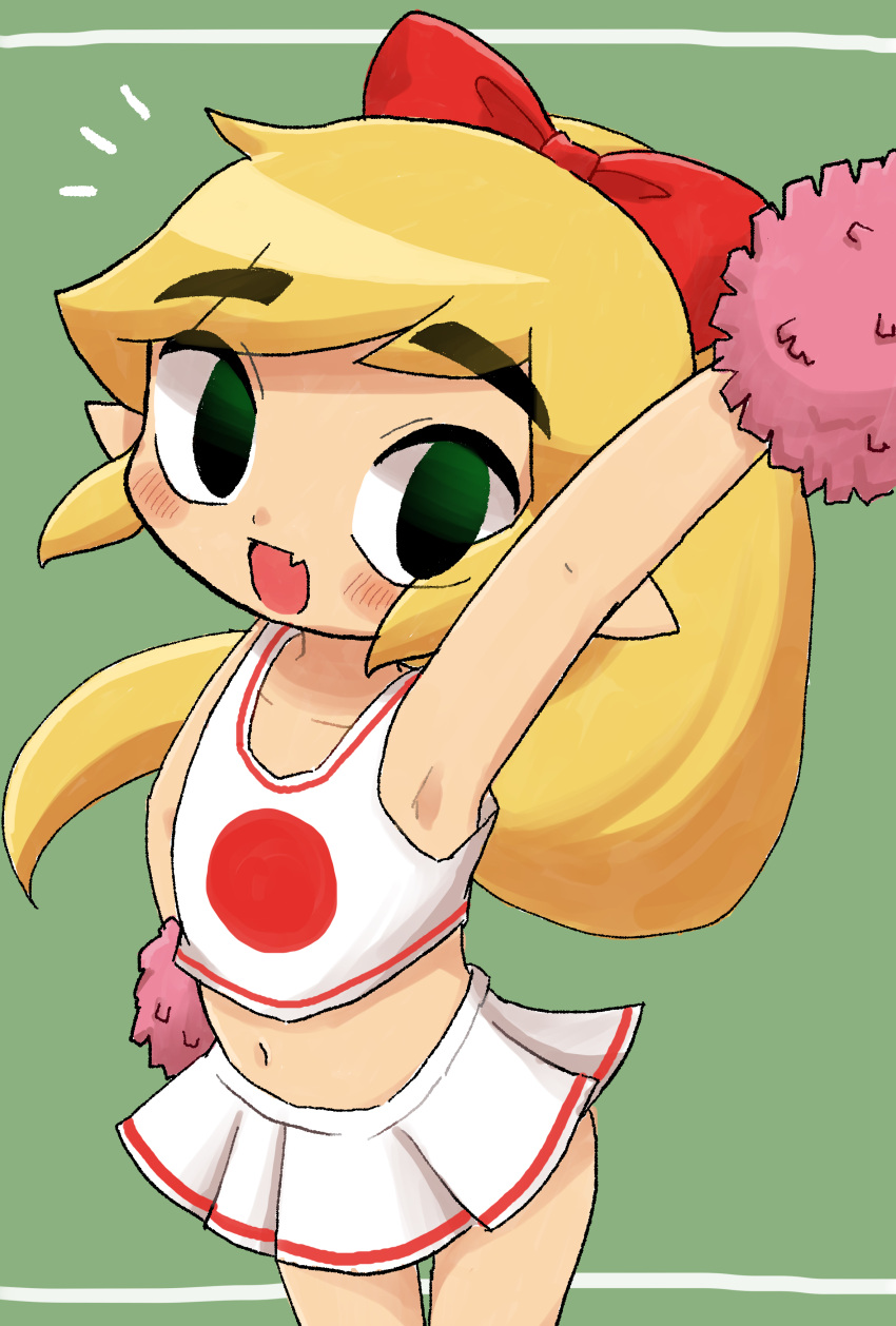 absurd_res accessory blonde_hair blush bottomwear cheerleader cheerleader_outfit clothed clothing crossdressing cute_fangs girly gumita hair hair_accessory hair_bow hair_ribbon hand_on_hip hi_res humanoid humanoid_pointy_ears hylian long_hair looking_at_viewer male navel nintendo not_furry open_mouth pom_poms raised_arm red_bow ribbons shirt skirt solo tank_top the_legend_of_zelda toon_link topwear tri_force_heroes video_games wind_waker young