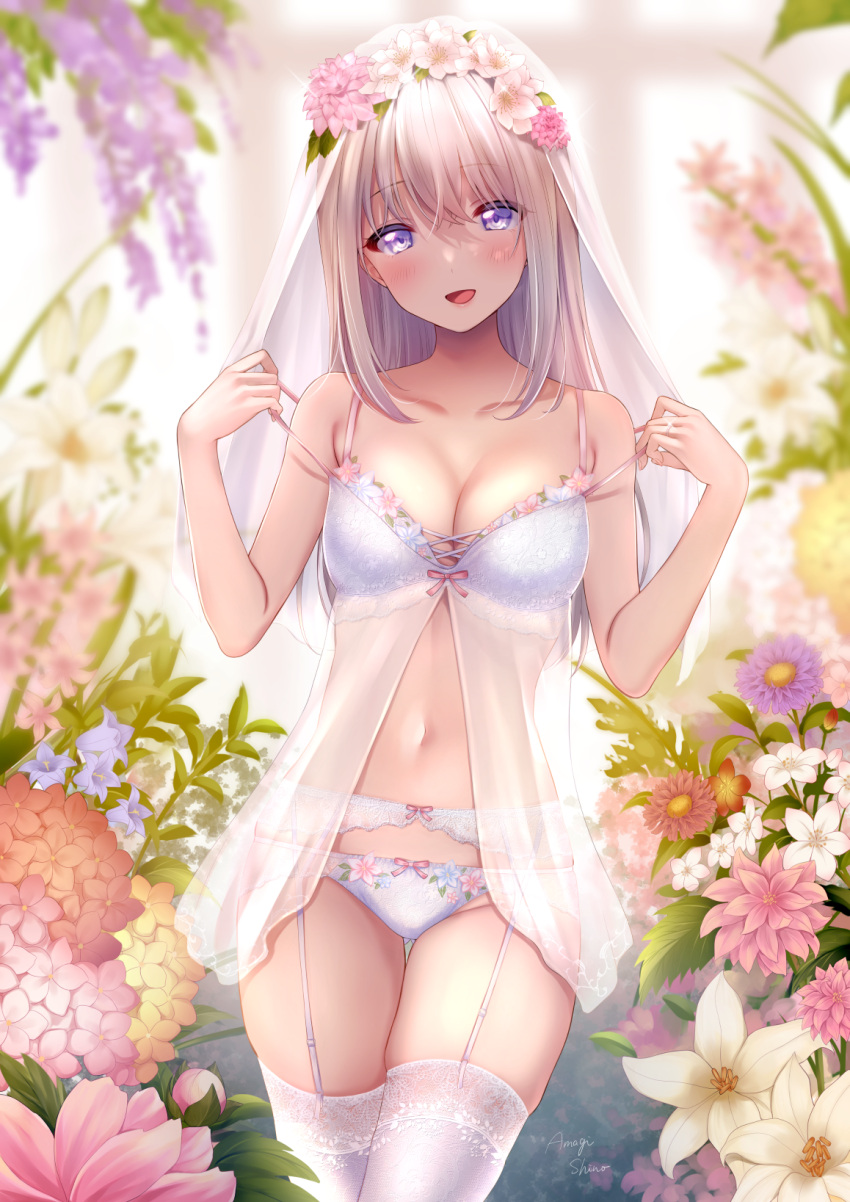 1girl :d amagi_shino artist_name ass_visible_through_thighs babydoll bangs blurry blush bow bow_panties breasts collarbone cowboy_shot cross-laced_clothes cross-laced_top depth_of_field eyebrows_visible_through_hair flower garter_belt hands_up head_wreath highres jewelry lace-trimmed_legwear lace_trim lingerie long_hair looking_at_viewer moe2021 navel open_mouth original panties pulled_by_self purple_eyes revision ring see-through signature smile solo standing strap_pull thigh_gap thighhighs underwear underwear_only veil wedding_band white_babydoll white_hair white_legwear white_panties