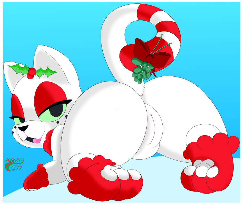 christmas colordude colorized_edit edit felid feline female feral fur genitals hi_res holidays looking_at_viewer makoto177 mammal mistletoe pawpads paws plant presenting presenting_pussy pussy shaded simple_background simple_shading solo white_body white_fur