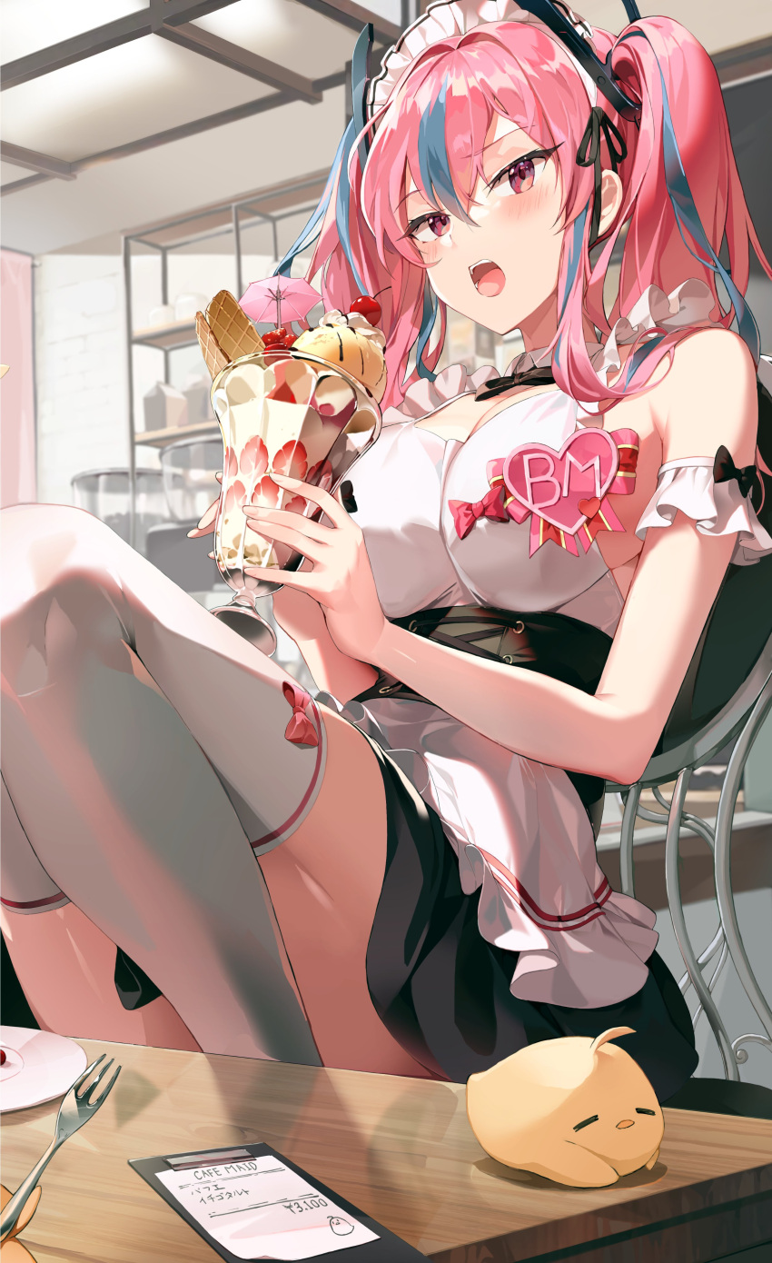 1girl =_= absurdres alternate_costume apron arm_strap azur_lane bangs bare_shoulders bill_(object) black_neckwear black_skirt blush breasts bremerton_(azur_lane) chair cherry chyo cleavage commentary corset cup detached_collar enmaided eyebrows_visible_through_hair food fruit grey_hair hair_between_eyes hair_intakes hair_ornament highres holding holding_cup ice_cream indoors large_breasts long_hair looking_at_viewer maid maid_apron maid_cafe maid_headdress manjuu_(azur_lane) multicolored_hair neck_ribbon no_mole open_mouth parfait pink_eyes pink_hair plate ribbon shirt sidelocks sitting skirt sleeveless sleeveless_shirt solo strawberry streaked_hair thighhighs twintails two-tone_hair upper_teeth wafer_stick white_apron white_legwear white_shirt zettai_ryouiki