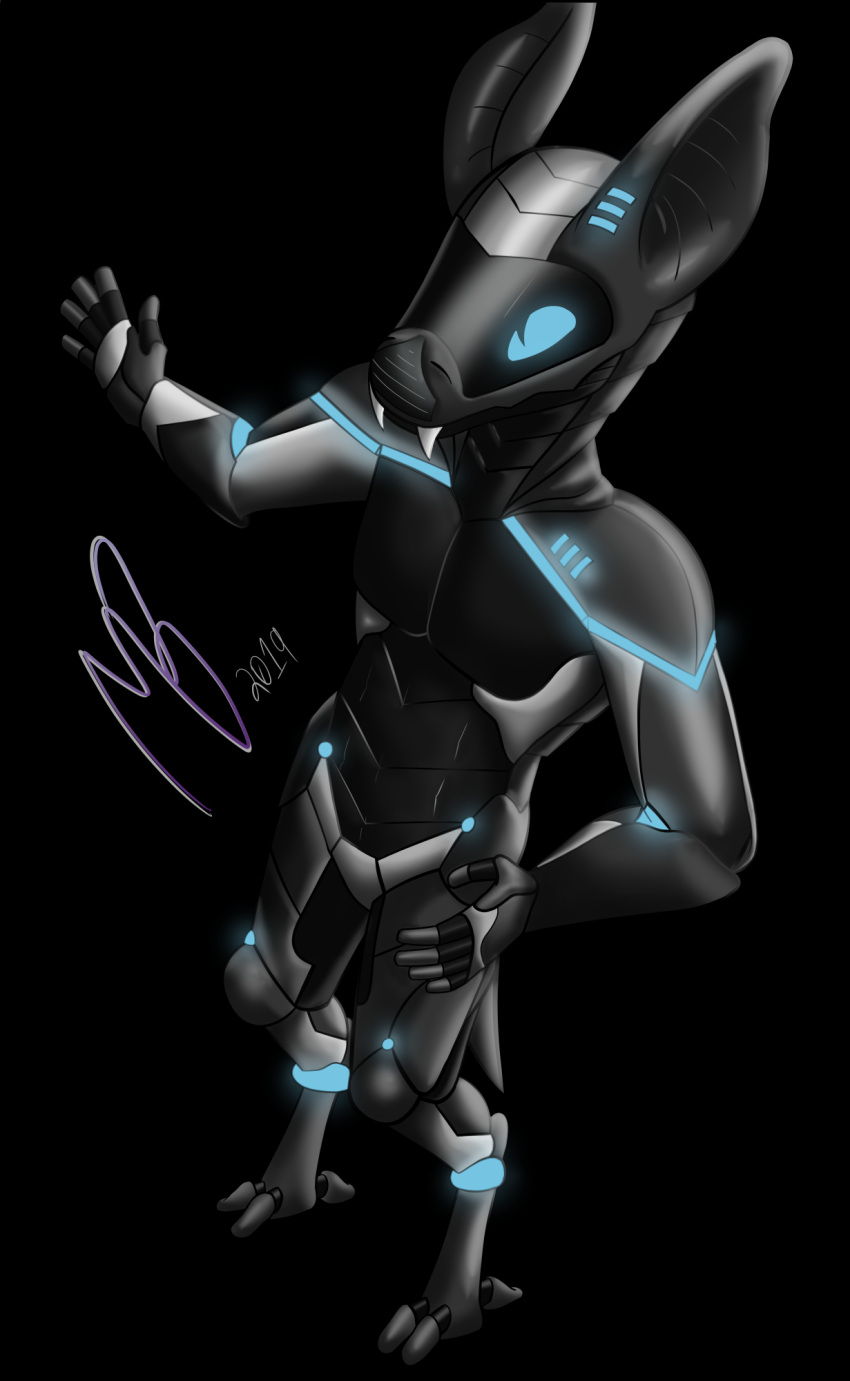 android andromorph anthro b4t biped chassis cybernetics cyborg digital_media_(artwork) fangs feet fingers glass glowing glowing_eyes grey_body hand_on_hip hi_res intersex machine male mammal metal metallic_body moonbane_(artist) nude plates plating robot robotic science_fiction signature simple_background smile solo solo_focus standing synth_(vader-san) synthetic toes visor