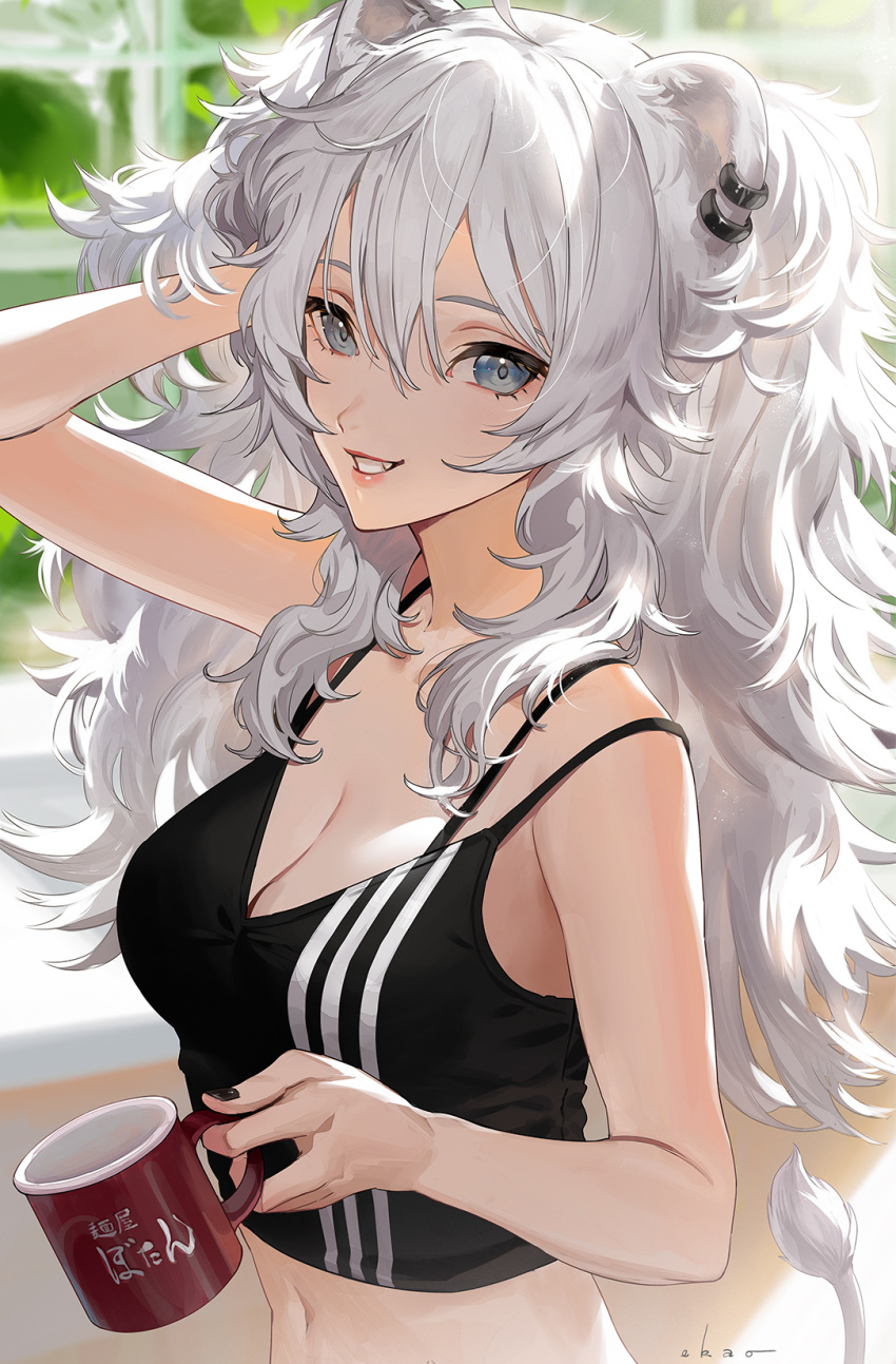 1girl animal_ears arm_up bare_arms bare_shoulders breasts coffee_mug counter cup earrings ekao fang grey_eyes hand_on_head highres hololive jewelry lion_ears lion_girl lion_tail long_hair medium_breasts messy_hair midriff morning mug navel shishiro_botan signature smile solo standing tail virtual_youtuber white_hair window
