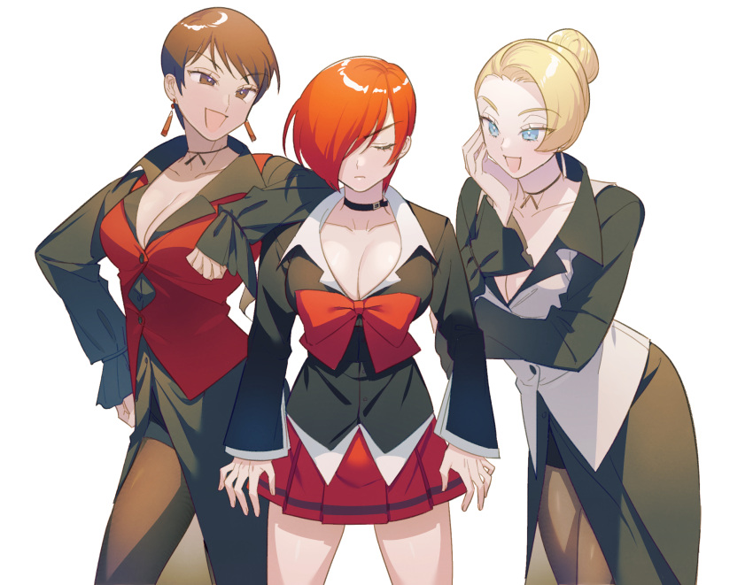 3girls artist_request blonde_hair breasts choker genderswap gloves hair_ornament hair_over_one_eye highres jacket jewelry long_hair mature_(kof) multiple_girls red_eyes red_hair shirt short_hair smile snk_heroines:_tag_team_frenzy the_king_of_fighters the_king_of_fighters_'95 the_king_of_fighters_'96 vice_(kof) yagami_iori