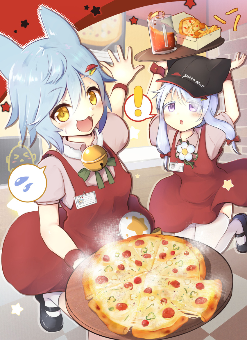 ! 2girls :3 :d :o absurdres animal_ears azur_lane bangs beige_shirt bell black_footwear black_headwear blue_hair blush cola collared_shirt commentary_request cowboy_shot cup dress drink drinking_glass eyebrows_visible_through_hair fang flower food fox_ears french_fries fubuki_(azur_lane) fubuki_(stormy_waitress-in-training!)_(azur_lane) hair_between_eyes hair_ornament hairclip hat highres holding holding_tray indoors jingle_bell kneehighs long_hair looking_at_viewer looking_up manjuu_(azur_lane) multiple_girls niki_take official_alternate_costume open_mouth pepperoni pizza pizza_hut purple_eyes red_dress restaurant shirt shoes short_hair short_sleeves sidelocks silver_hair smile spoken_exclamation_mark spoken_sweatdrop standing standing_on_one_leg sweat sweatdrop thighhighs tray twintails uranami_(azur_lane) white_legwear wrist_cuffs yellow_eyes zettai_ryouiki