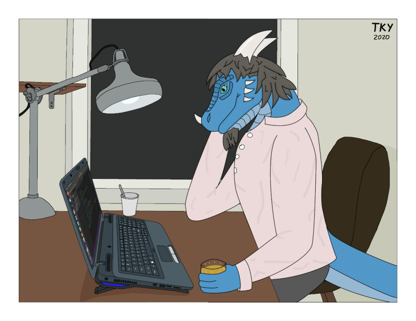 anthro beverage blue_body computer derek_(tackykat) desk_lamp dragon green_eyes laptop male solo tackykat working