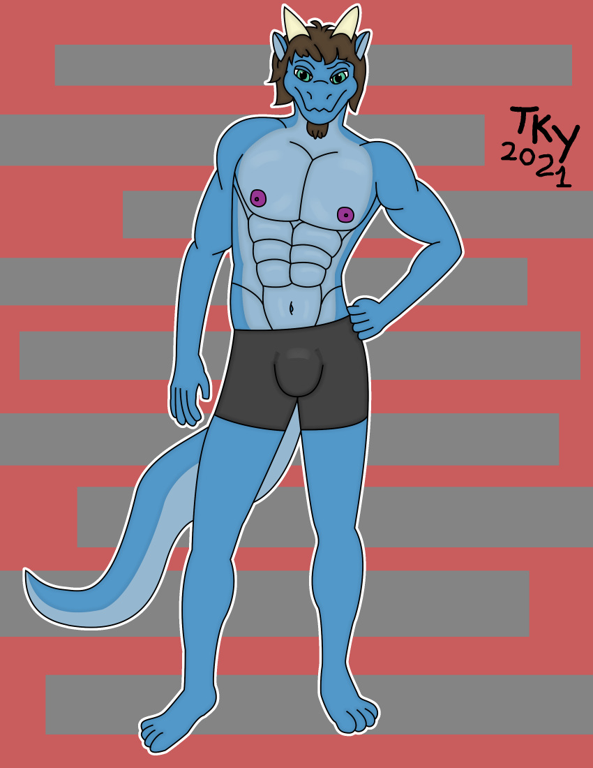 absurd_res anthro blue_body blue_skin boxer_briefs brown_hair bulge clothing derek_(tackykat) dragon facial_hair green_eyes hair hand_on_hip hi_res horn looking_at_viewer male muscular muscular_anthro muscular_male simple_background solo tackykat underwear