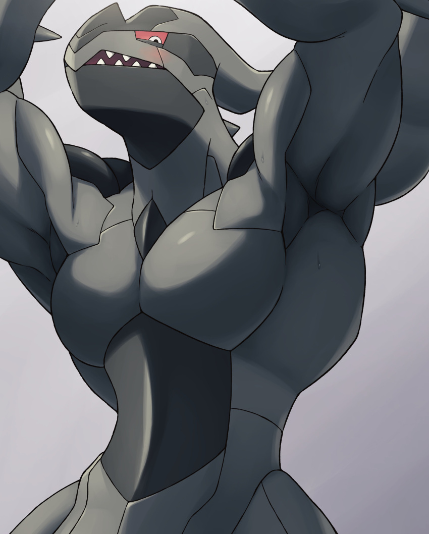 absurd_res ambiguous_gender armpit_fetish black_body blush bodily_fluids gradient_background grey_body hi_res legendary_pok&eacute;mon nintendo on_ice_(artist) open_mouth pok&eacute;mon pok&eacute;mon_(species) raised_arms red_sclera simple_background solo sweat teeth video_games zekrom