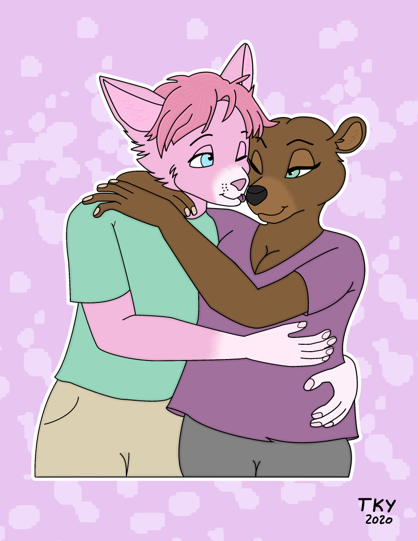 absurd_res anthro avery_(tackykat) blep cuddling domestic_cat duo eye_contact felid feline felis female hi_res hug looking_at_another male male/female mammal simple_background smile tackykat tongue tongue_out ursid victoria_(tackykat)