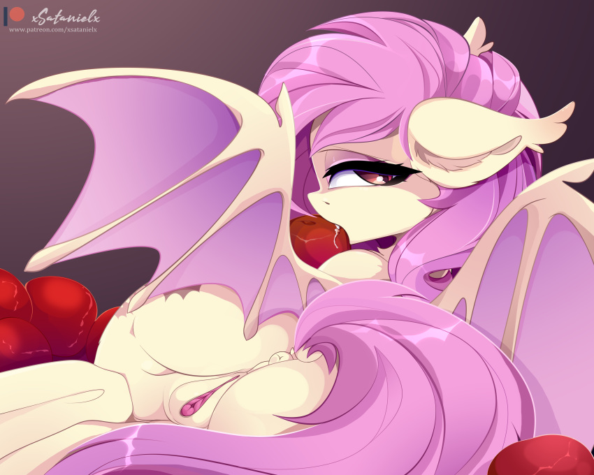 absurd_res animal_genitalia animal_pussy anus apple bat_pony butt equid female feral flutterbat_(mlp) fluttershy_(mlp) food friendship_is_magic fruit genitals hasbro hi_res mammal my_little_pony plant pussy solo unguligrade_legs wings xsatanielx