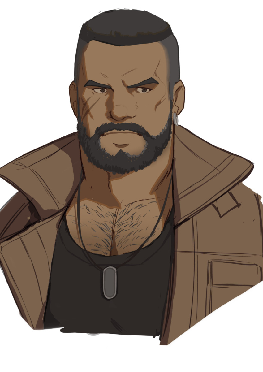 1boy absurdres bara barret_wallace beard black_hair black_tank_top brown_jacket buzz_cut chest_hair cropped_shoulders dark_skin dark_skinned_male dog_tags expressionless facial_hair final_fantasy final_fantasy_vii highres jacket large_pectorals male_cleavage male_focus mature_male muscular muscular_male ryker scar scar_on_cheek scar_on_face short_hair solo tank_top undercut very_short_hair white_background