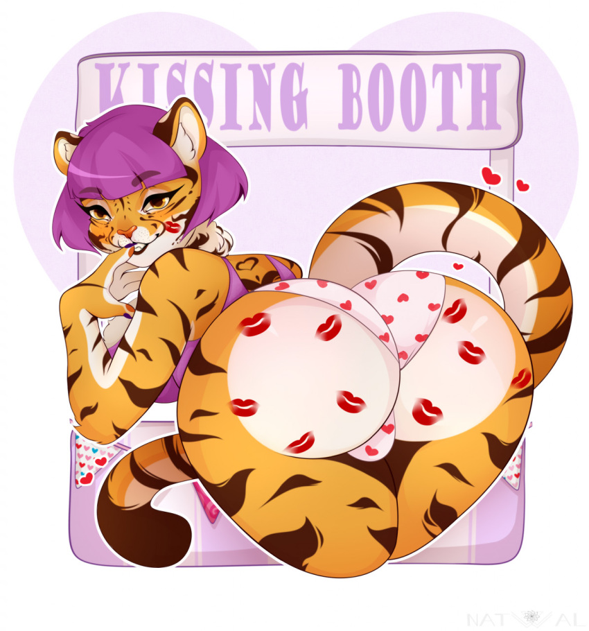 anthro big_butt butt clothing felid female hair hi_res kiss_mark looking_at_viewer looking_back mammal natwwal pantherine panties presenting presenting_hindquarters purple_hair short_hair smile solo tiger underwear