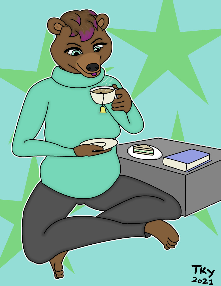 absurd_res anthro beverage book brown_body brown_fur drinking female food fur green_eyes hi_res highlights_(coloring) mammal purple_highlights sandwich_(food) simple_background solo tackykat tea turtleneck ursid victoria_(tackykat)