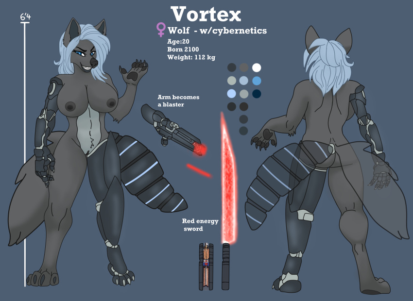 absurd_res anonymous_artist anthro breasts canid canine canis character_request cybernetic_arm cybernetic_leg cybernetic_limb cybernetic_tail energy_weapon female genitals hi_res mammal model_sheet nipples pussy solo vortex_lazilith weapon wolf