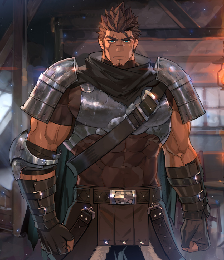 1boy armor bara biceps breastplate brown_hair covered_abs covered_navel cowboy_shot facial_hair goatee highres large_pectorals long_sideburns looking_at_viewer male_focus mature_male muscular muscular_male nikism original reward_available scar scar_across_eye scar_on_face scar_on_nose shirt short_hair shoulder_armor sideburns solo spaulders spiked_hair taut_clothes taut_shirt veins