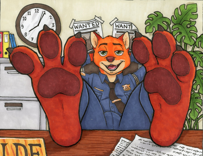 3_toes anthro bulge canid canine clothing disney feet first_person_view foot_fetish fox hi_res male mammal nick_wilde officer pawpads paws police police_uniform smug solo toes toxstar uniform zootopia