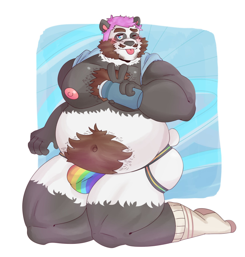 2021 anthro black_body black_fur blush clothing fur giant_panda hi_res humanoid_hands jockstrap male mammal milkysodaa moobs nipples one_eye_closed overweight overweight_anthro overweight_male solo tongue tongue_out underwear ursid white_body white_fur wink