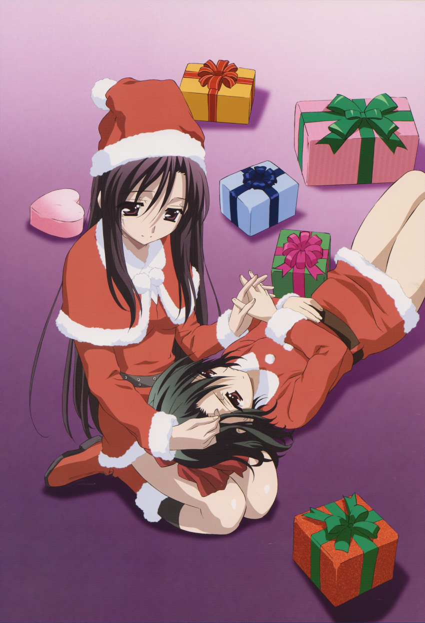 2girls absurdres black_hair christmas color_halftone gift hat highres holding_hands katsura_kotonoha kiyoura_setsuna lap_pillow long_hair lying multiple_girls red_eyes santa_costume santa_hat scan school_days short_hair very_long_hair