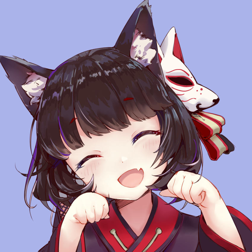 1girl ^_^ animal_ear_fluff animal_ears azur_lane blue_background brown_hair brown_kimono cat_ears cat_mask closed_eyes fang highres japanese_clothes jinjii_de_la_tiao_juun kimono mask mask_on_head open_mouth paw_pose portrait short_hair simple_background skin_fang solo wide_sleeves yamashiro_(azur_lane) younger |d