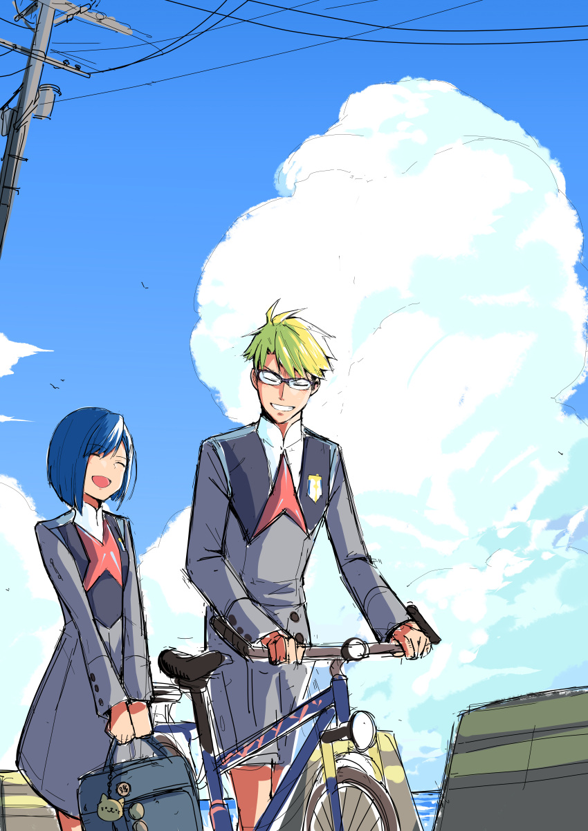 1boy 1girl :d absurdres bag bangs bicycle blonde_hair blue_hair blue_sky bob_cut chicke_iii closed_eyes cloud commentary darling_in_the_franxx day glasses gorou_(darling_in_the_franxx) grey_shirt grey_skirt grin ground_vehicle hair_strand headlight highres holding holding_bag ichigo_(darling_in_the_franxx) long_sleeves ocean open_mouth outdoors over-rim_eyewear power_lines school_bag school_uniform semi-rimless_eyewear shirt short_hair side-by-side skirt sky smile swept_bangs utility_pole walking walking_bike