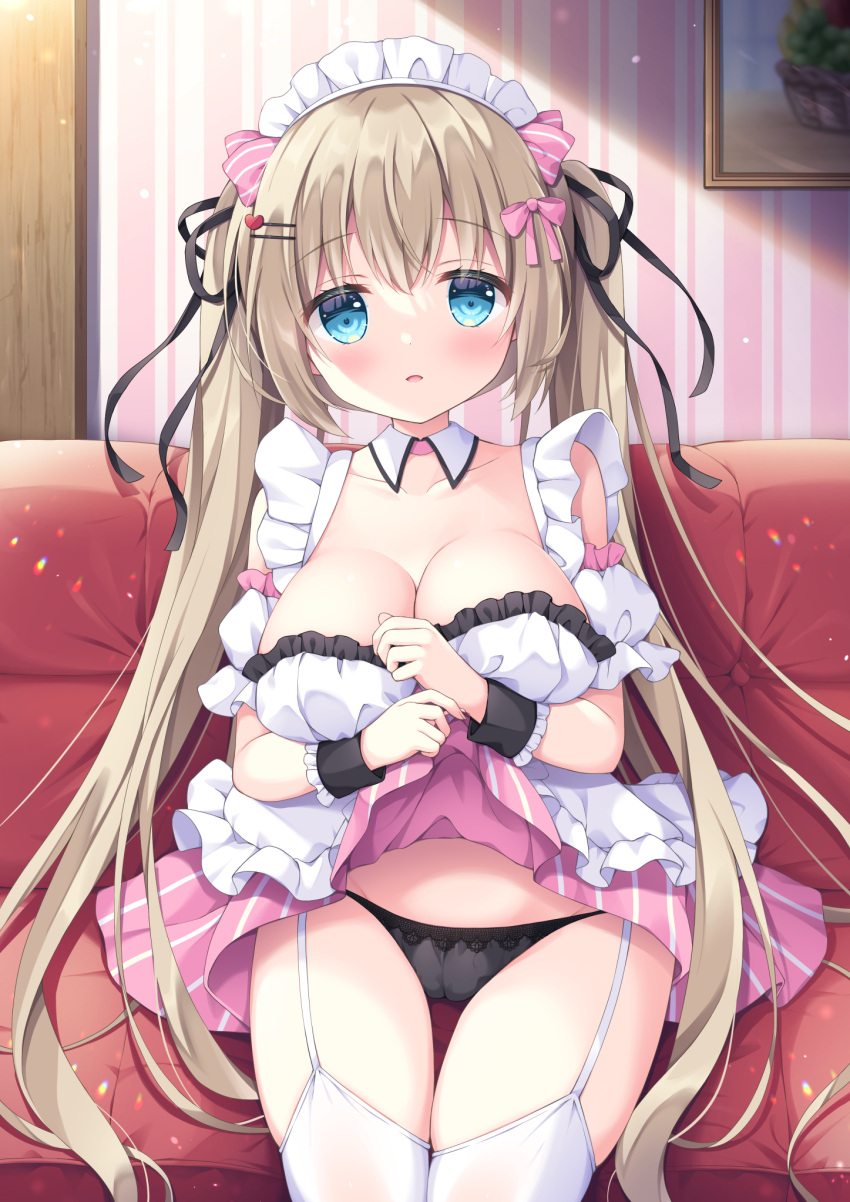 1girl black_panties black_ribbon blonde_hair blue_eyes blush bow bow_hairband breasts commentary_request hair_ribbon hairband highres indoors large_breasts long_hair looking_at_viewer maid moe2021 open_mouth original panties pink_bow revision ribbon satsuki_yukimi skirt skirt_pull solo thighhighs underwear
