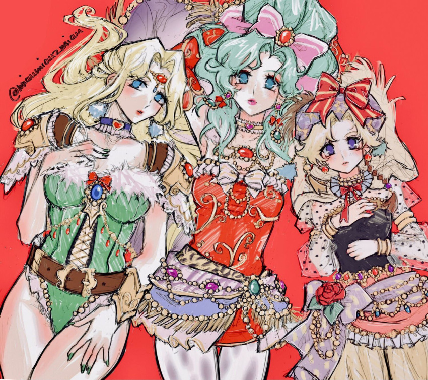 3girls animal_print arms_up belt beret blonde_hair blue_eyes bow breasts brown_belt celes_chere choker circlet collarbone cross-laced_clothes earrings eyelashes eyeshadow final_fantasy final_fantasy_vi fingernails flower frilled_choker frills fur-trimmed_leotard fur_trim gem green_leotard green_nails hair_bow hair_intakes hand_on_own_chest hand_on_own_thigh hat hat_bow heart heart_choker highres jewelry juliet_sleeves leaf leotard light_green_hair long_hair long_sleeves makeup medium_breasts multiple_girls nail_polish pantyhose parted_lips pink_bow pink_lips polka_dot polka_dot_sleeves poririna puffy_sleeves purple_choker purple_eyes purple_headwear red_background red_eyeshadow red_flower red_ribbon red_rose relm_arrowny ribbon rose see-through see-through_sleeves short_hair striped striped_bow thigh_gap thighs tiger_print tina_branford twitter_username yellow_choker