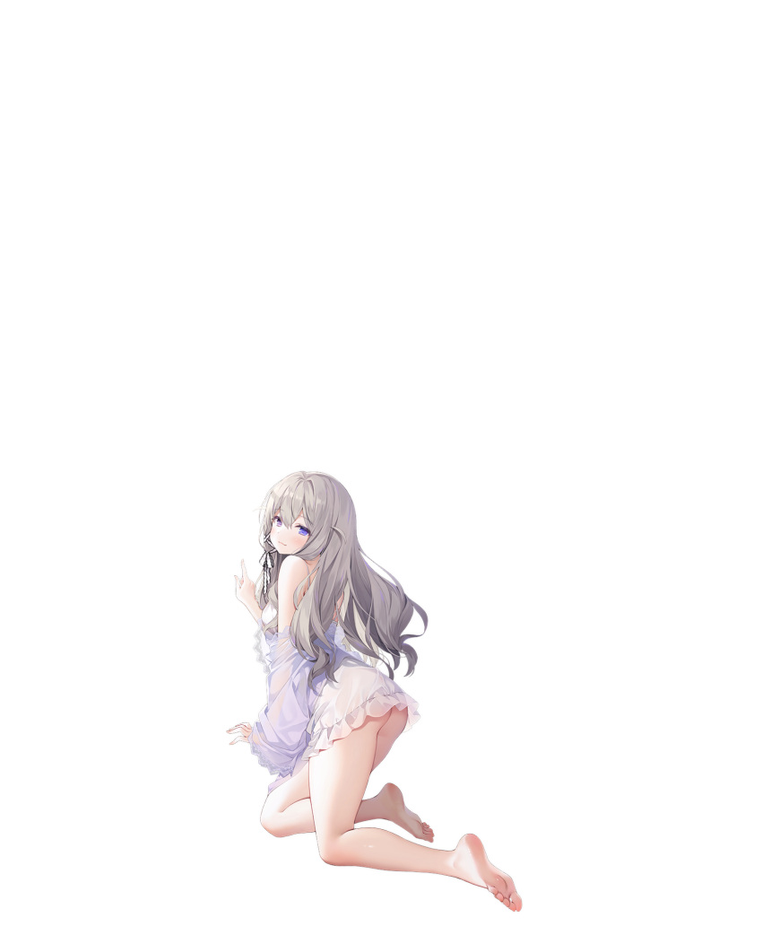 1girl ass azur_lane bare_legs barefoot blue_eyes blush book book_stack byulzzi closed_mouth couch eyebrows_visible_through_hair feet flower full_body hair_brush heterochromia highres long_hair looking_at_viewer looking_back manjuu_(azur_lane) mirror murmansk_(azur_lane) murmansk_(sceneries_of_pure_snow)_(azur_lane) nightgown no_panties official_alternate_costume official_art pillow platinum_blonde_hair purple_eyes see-through smile soles solo stack transparent_background uniform white_nightgown window