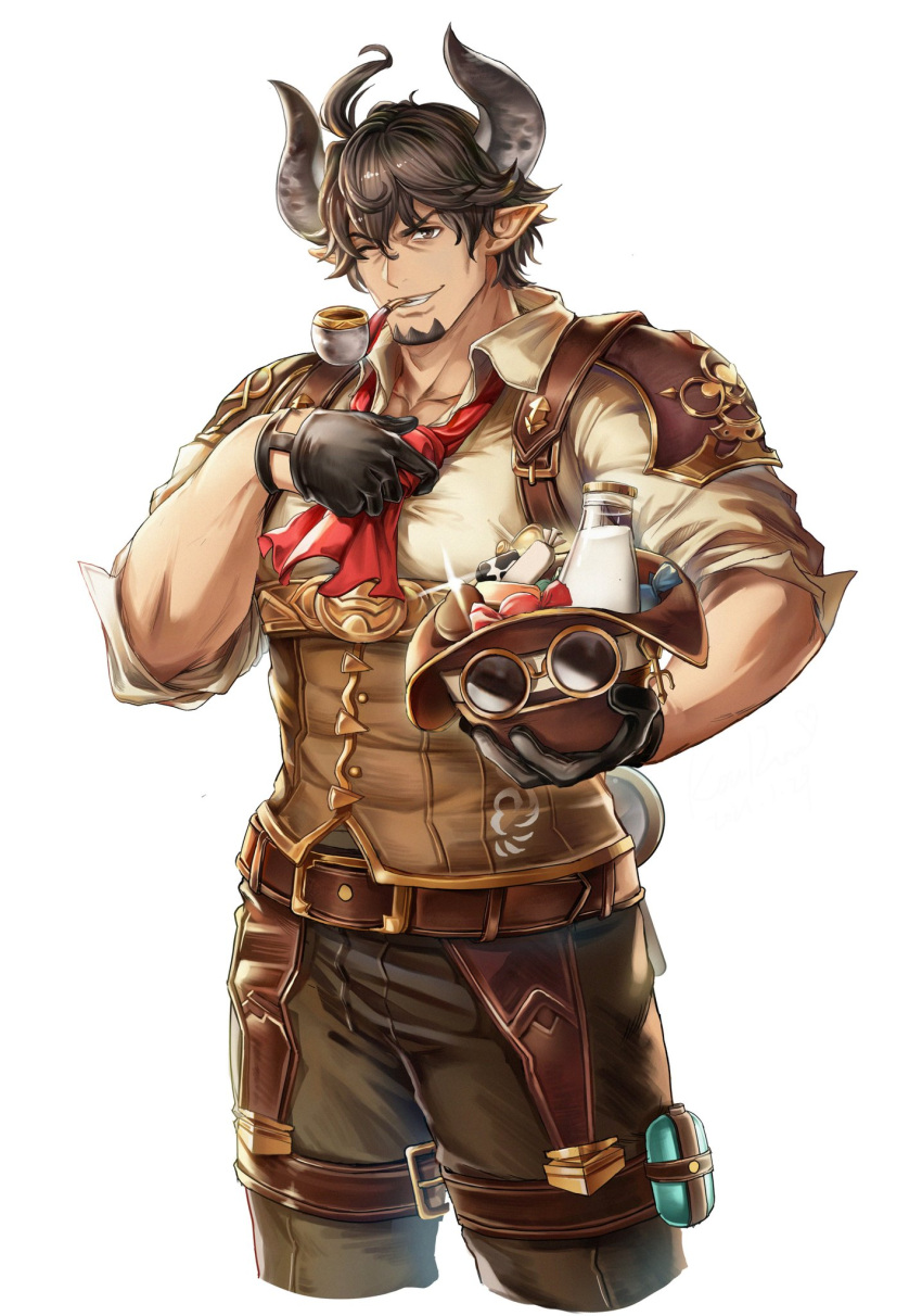 1boy anjingkuxiao bara barawa brown_eyes brown_hair brown_pants bulge collarbone cropped_legs draph facial_hair goatee goggles goggles_on_headwear granblue_fantasy hat hat_removed headwear_removed highres horns large_pectorals leather_belt male_focus mature_male muscular muscular_male one_eye_closed pants pointy_ears red_neckwear shirt short_hair sideburns sleeves_rolled_up smile solo thick_thighs thighs tight_shirt