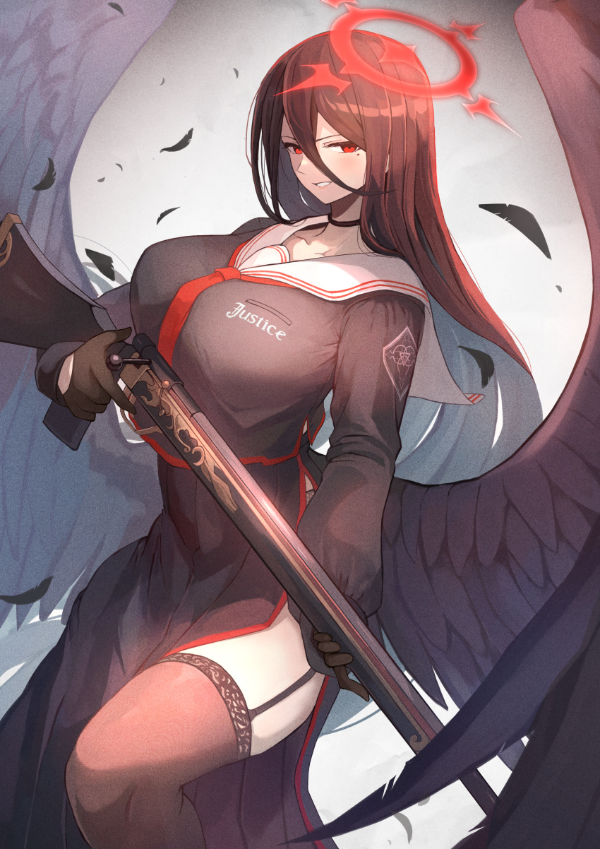 1girl absurdres bangs black_gloves black_hair black_legwear black_serafuku black_skirt black_wings blue_archive breasts choker commentary feathered_wings feathers garter_straps gloves gun halo hasumi_(blue_archive) high-waist_skirt highres holding holding_gun holding_weapon huge_filesize large_breasts long_hair long_sleeves looking_at_viewer ohako_(ohako1818) red_eyes rifle sailor_collar school_uniform serafuku skirt solo standing thighhighs very_long_hair weapon white_sailor_collar wings